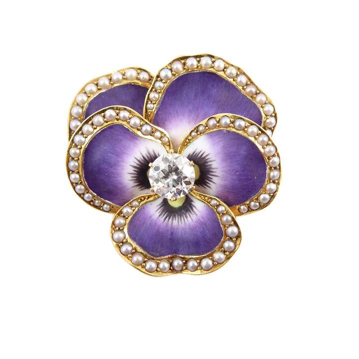 Antique diamond, pearl and purple enamel pansy brooch pendant